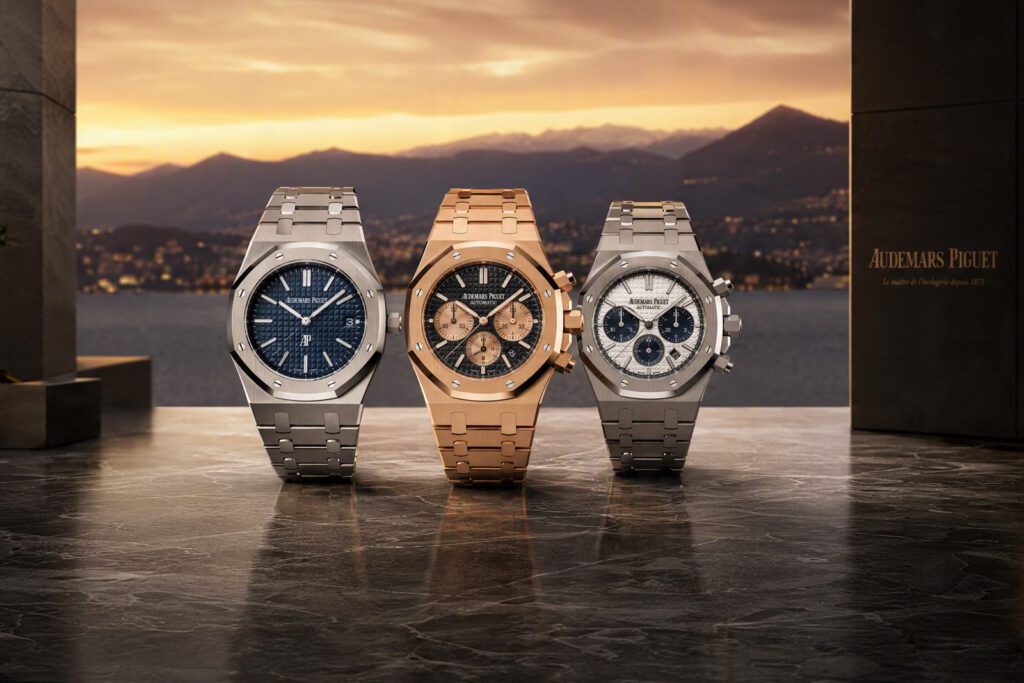 Drei Uhren der Royal-Oak-Linie von Audemars Piguet in Stahl und Roségold vor Bergkulisse