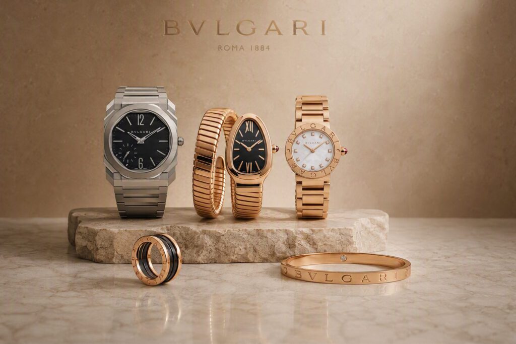 Uhren und Schmuck von Bulgari: Octo Finissimo, Serpenti sowie ein Armreif mit Schriftzug