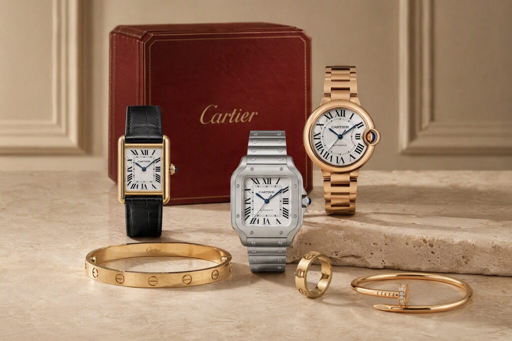 Cartier-Uhren und -Schmuck: Tank, Santos und Ballon Bleu neben Love-Armreif und Juste un Clou