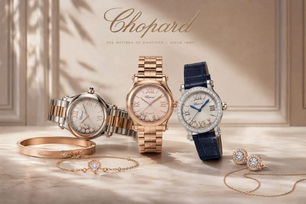 Chopard-Damenuhren mit beweglichen Diamanten, dazu Armreif, Kette und Ohrstecker