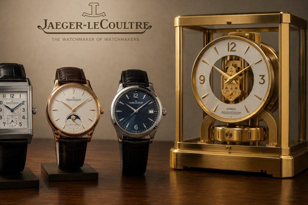 Drei Uhren von Jaeger-LeCoultre, darunter eine Reverso, neben einer Atmos-Tischuhr aus Messing