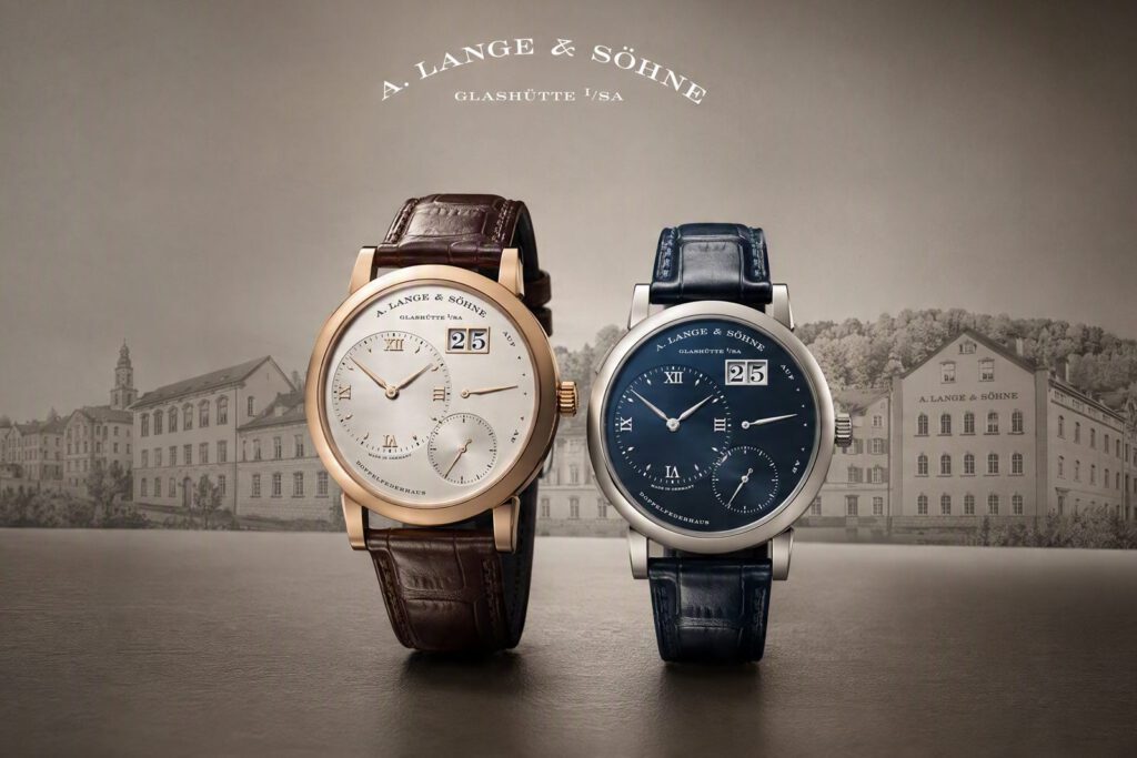 Zwei Uhren von A. Lange und Söhne mit Großdatum in Roségold und Weißgold vor der Glashütter Manufaktur