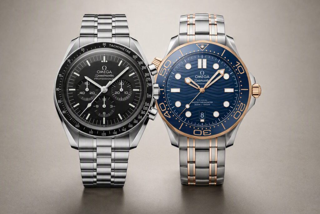 Zwei Omega-Uhren nebeneinander: Speedmaster Professional Chronograph und Seamaster Diver mit blauem Zifferblatt