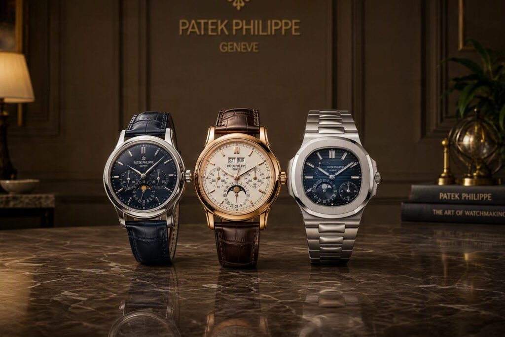 Drei Armbanduhren von Patek Philippe nebeneinander: zwei Kalenderuhren mit Mondphase und eine Nautilus