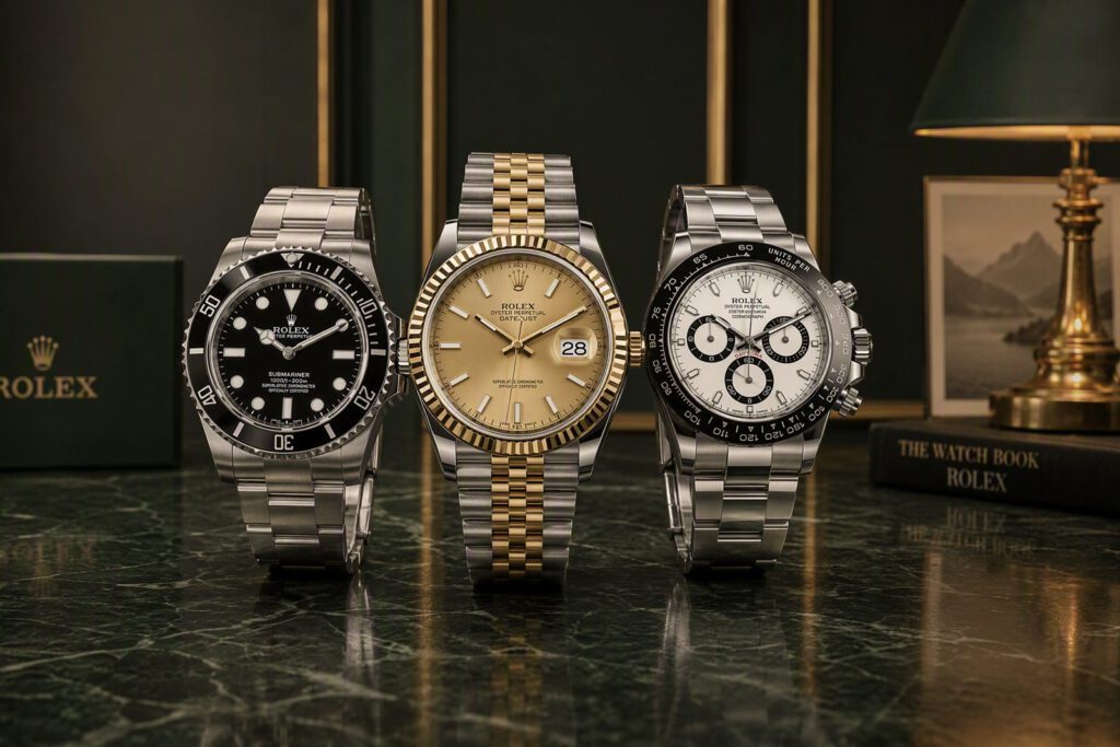 Drei Rolex-Armbanduhren nebeneinander vor der grünen Uhrenbox: Submariner, Datejust und Daytona