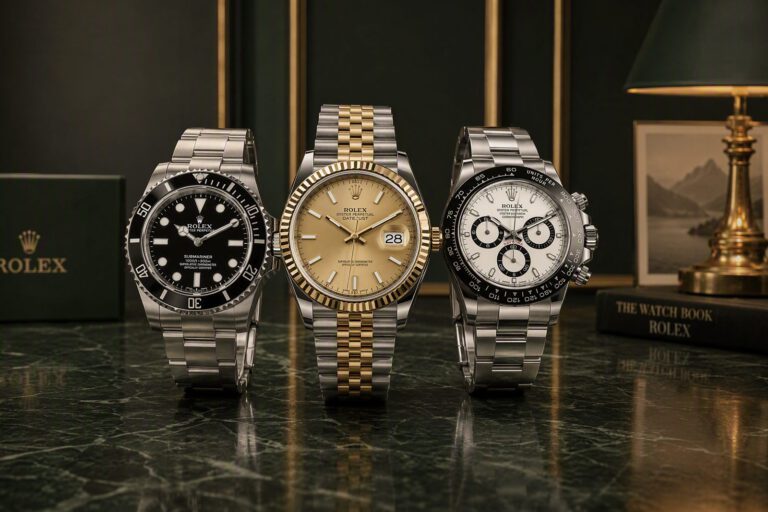 Drei Rolex-Armbanduhren nebeneinander vor der grünen Uhrenbox: Submariner, Datejust und Daytona