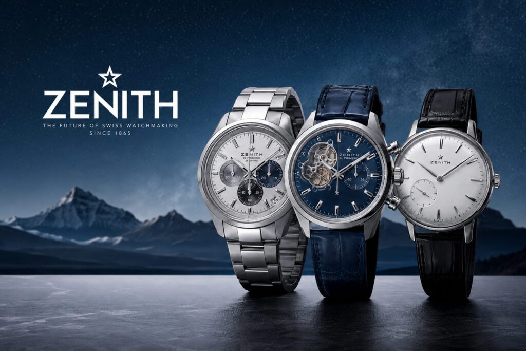 Drei Zenith-Armbanduhren nebeneinander vor nächtlicher Bergkulisse: zwei El-Primero-Chronographen mit silbernem und blauem Zifferblatt sowie eine schlichte Dreizeigeruhr